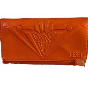 Diesel Long Orange Embossed Logo Leather Flap Snap Clutch Wallet NWT